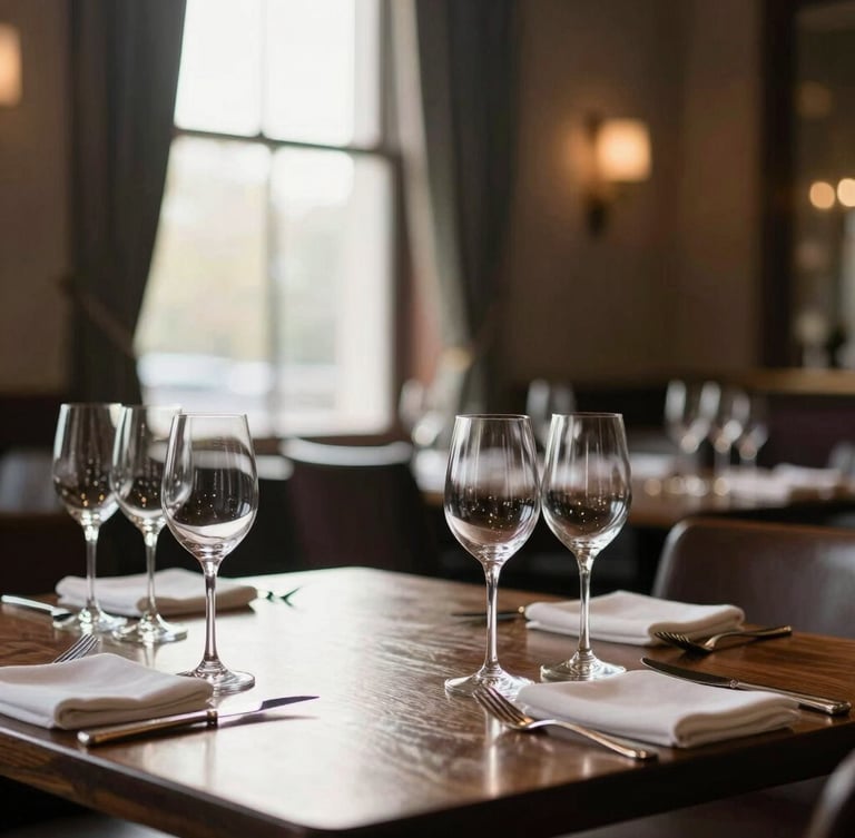 Warm morning sunlight filtering through a tall window onto an empty, beautifully prepared restaurant dining room. Pristine wine glasses and heavy silver cutlery arranged precisely on a dark wood table. Soft focus background, elegant hospitality atmosphere.