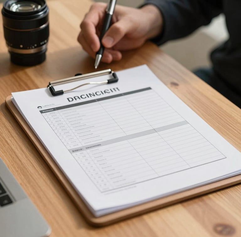 A close-up of a clipboard with a structured operational checklist resting on a clean wooden prep table, warm natural daylight, hands holding a pen in the background