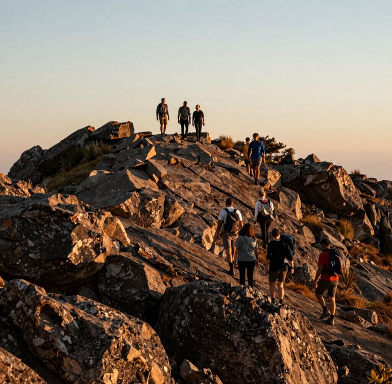 Wide environmental shot of a diverse group of hikers walking along a rocky ridge in Montserrat at golden hour, soft light, rich earthy tones