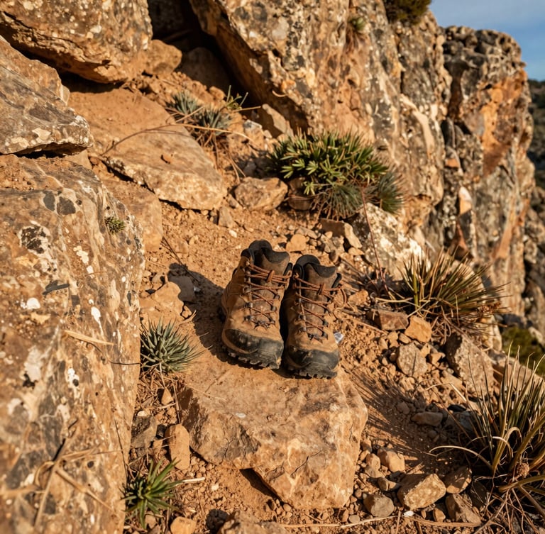 Close-up of worn hiking boots on a rocky mountain path in Catalonia, wild herbs and dry earth visible, warm sun-baked clay tones, natural daylight