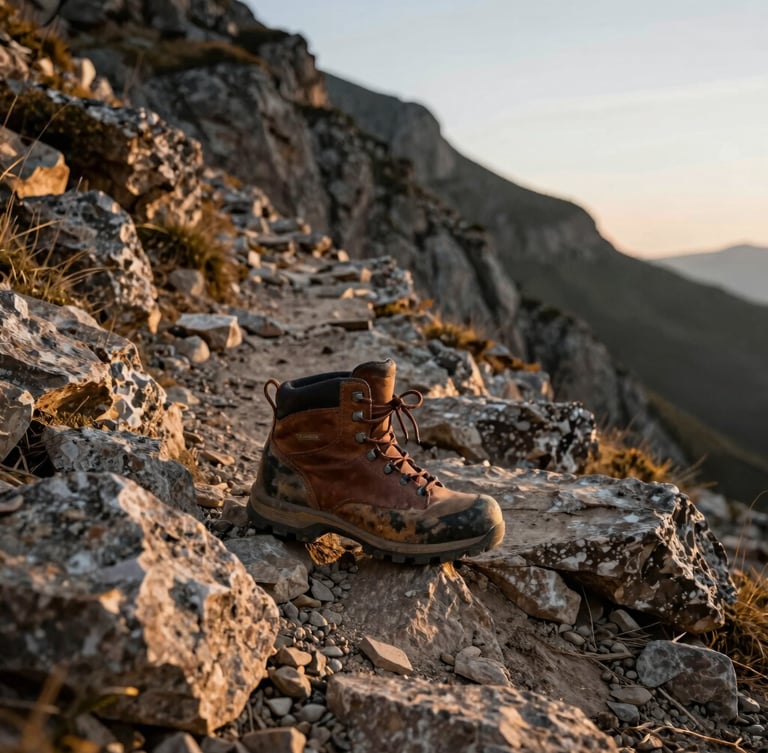 Close-up of worn leather hiking boots stepping on a rugged, rocky mountain trail, dramatic steep slope in the background under soft afternoon light