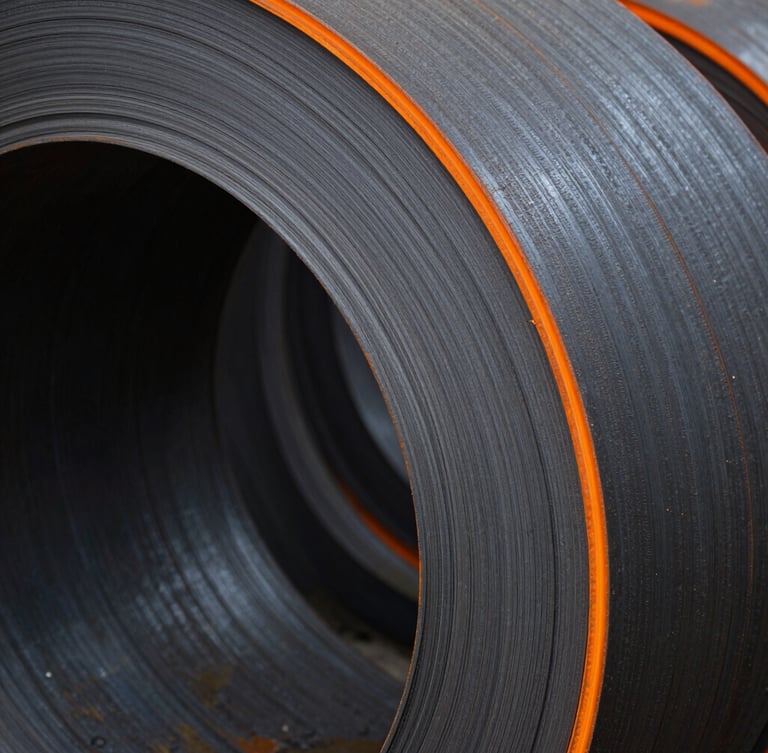 Close-up, detailed shot of a finished rolled steel coil, sharp edges, industrial textures, high contrast, 35mm