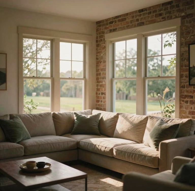 Sunlit modern living room with warm brick accents and large windows looking out to Texas greenery, soft daylight, elegant Lora aesthetic.