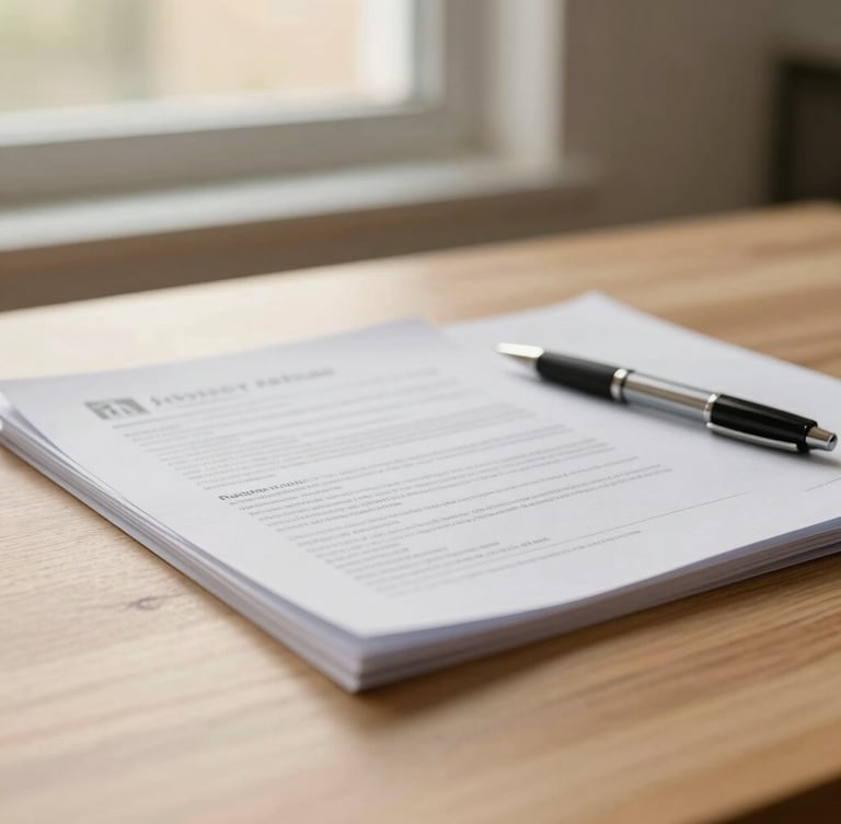 Close-up of clean, organized real estate paperwork and a pen resting on a light oak table, soft morning window light, shallow depth of field.