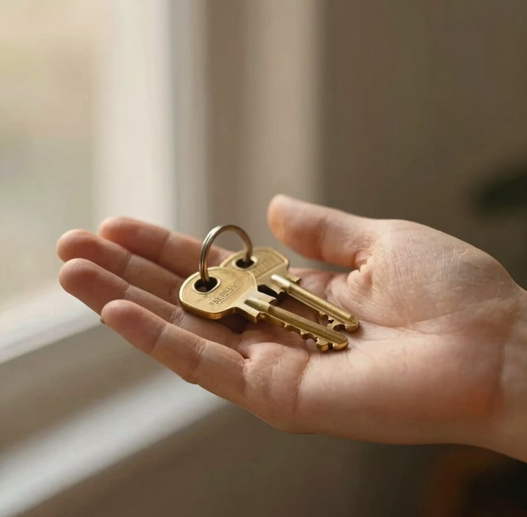 A warm, close-up shot of brass house keys resting in an open palm, soft golden-hour light, shallow depth of field.