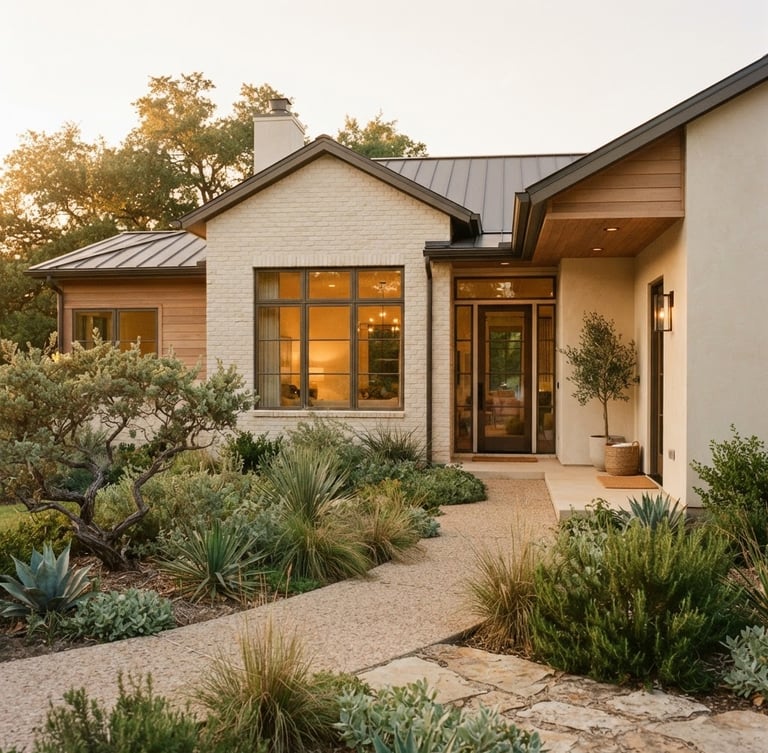 Sunlit North Texas home exterior with clean architectural lines, warm golden-hour window light, soft brick facade, muted sage landscaping, 35mm photography