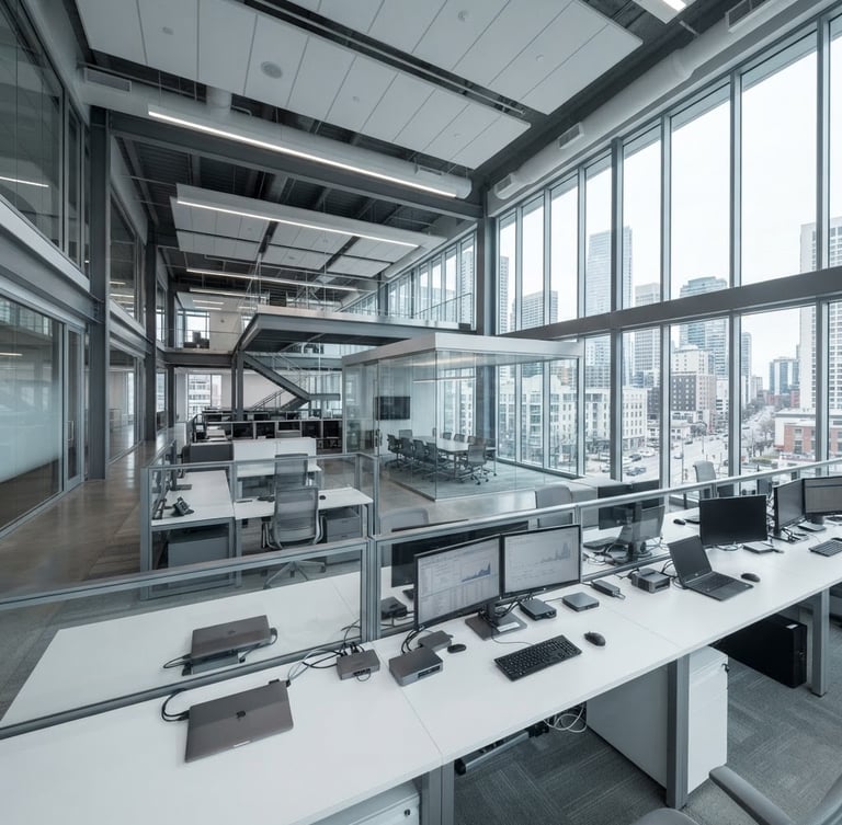 Wide panoramic view of a modern, clean corporate office interior, focusing on abstract architectural lines of glass and steel, bright neutral daylight, cool desaturated tones, sharp focus, 35mm. No people visible, only technology on desks.