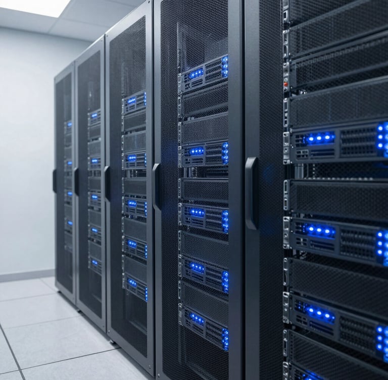 Wide shot of a modern, clean server room with glowing blue lights, focus on data racks, cool desaturated tones, bright neutral daylight, sharp focus, 35mm
