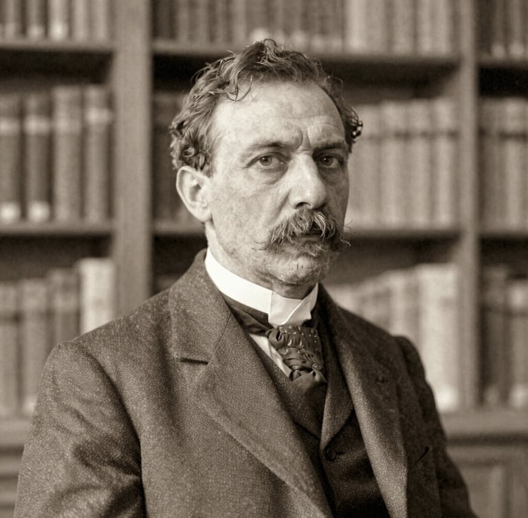 archival documentary photography, soft natural library light, portrait of an early 20th century scholar in Bucharest, sepia ink tones, high-detail macro paper texture, 35mm