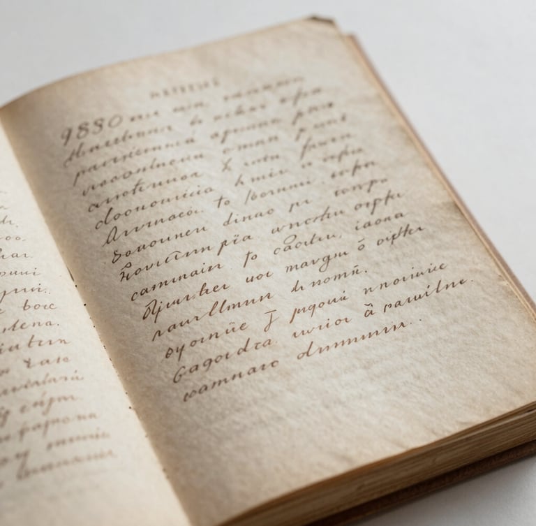 archival documentary photography, soft natural library light, close up of old handwritten Romanian manuscript journal from 1980s on aged paper, sepia tones