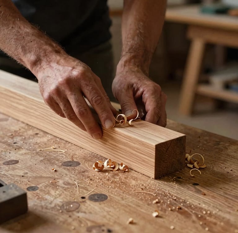 A master craftsman hand-planing a solid oak joint on a heavy wooden workbench, fine wood shavings curling in the air, low-key dramatic workshop side-lighting illuminating the grain.
