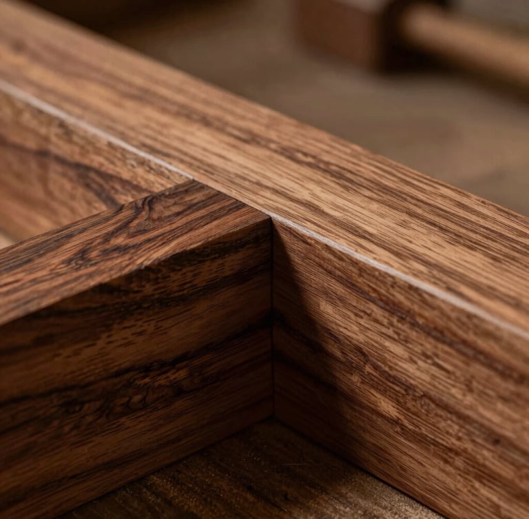 Close-up of interlocking mortise and tenon wood joint in seasoned walnut, dramatic side-lighting highlighting the rich organic grain, shallow depth of field, warm tactile photography.
