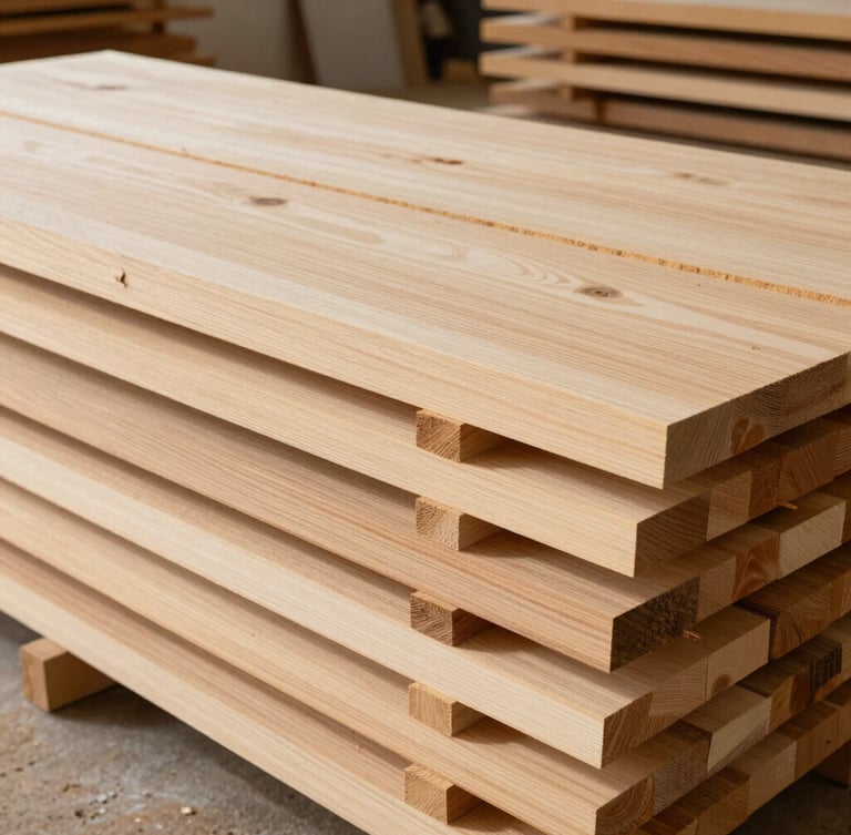 Wide panoramic view of raw seasoned timber slabs stacked neatly in an architectural workshop, soft natural daylight casting long shadows on the rough-cut oak textures.
