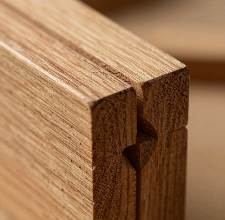 Macro detail shot of an interlocking mortise and tenon wood joint, warm tactile photography, natural workshop side-lighting, rich organic oak texture, shallow depth of field