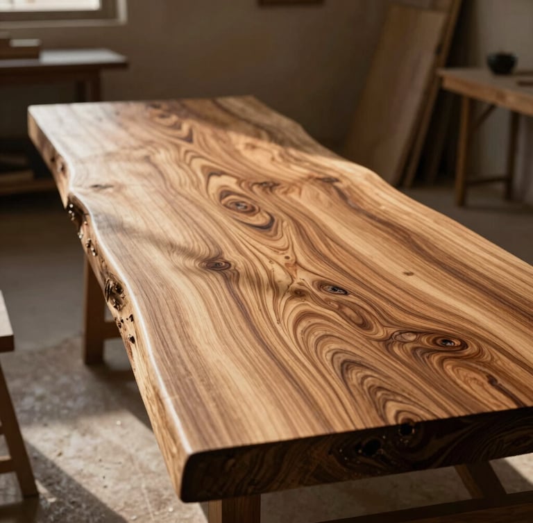 A massive raw walnut timber slab resting in a sunlit Riyadh workshop, dramatic side-lighting highlighting rich organic wood grain, minimal architectural background, portrait aspect