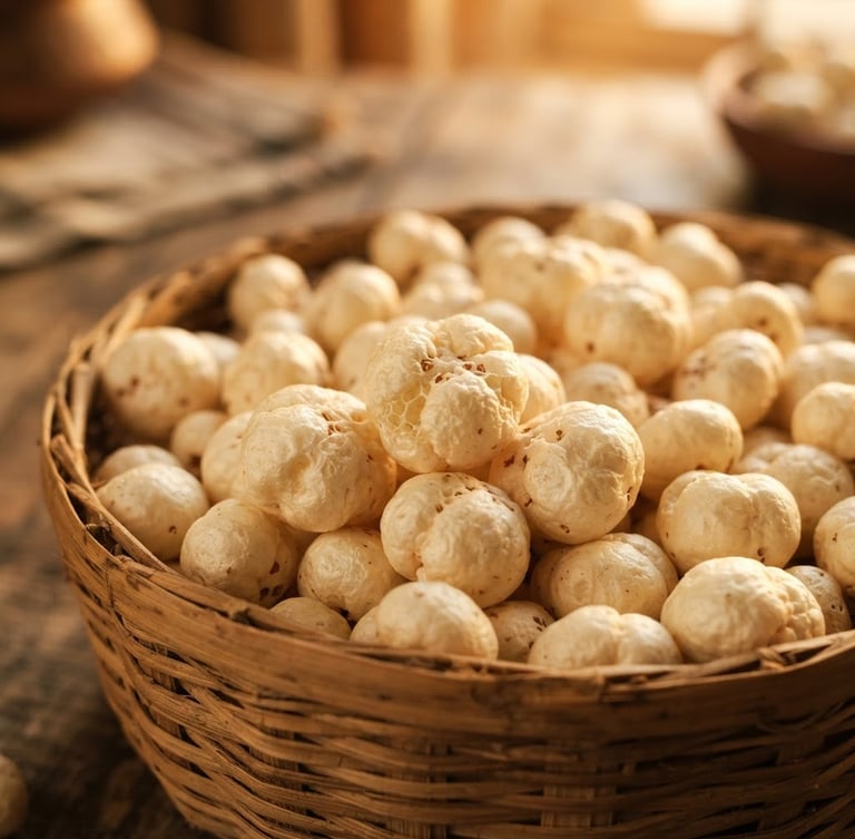 Pristine, oversized 6 Suta makhana in a hand-woven bamboo basket, close-up, natural golden-hour sunlight, rich earthy tones, shallow depth of field, 35mm