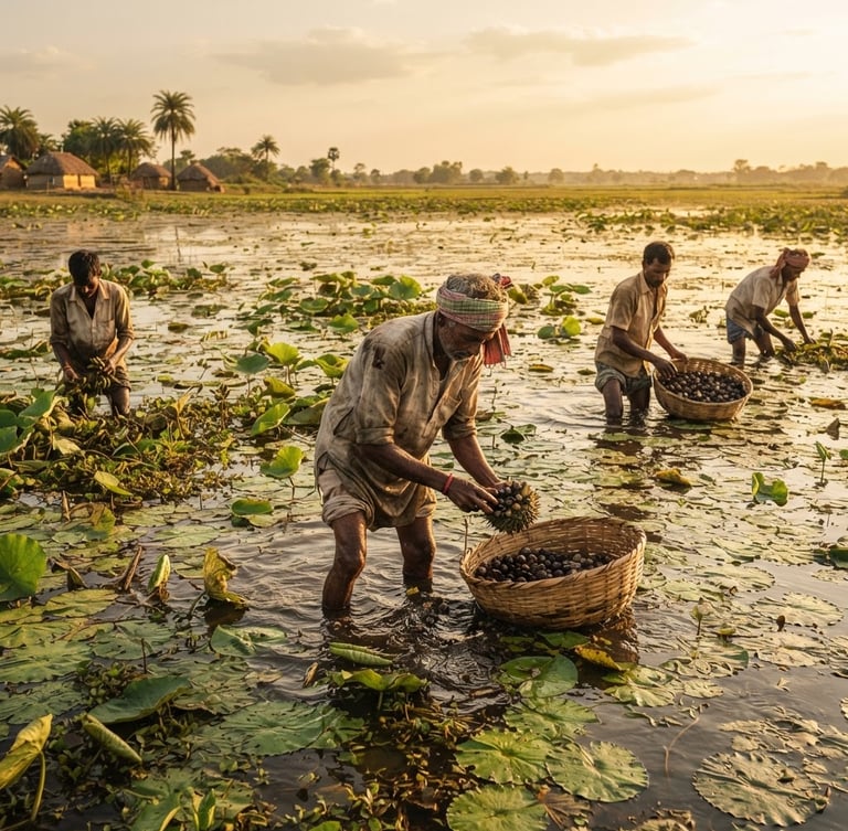 Wide shot of traditional Bihari farmers in shallow, sun-drenched wetlands, carefully harvesting makhana seeds from lily pads, rich earthy tones, natural golden-hour sunlight, 35mm lens.
