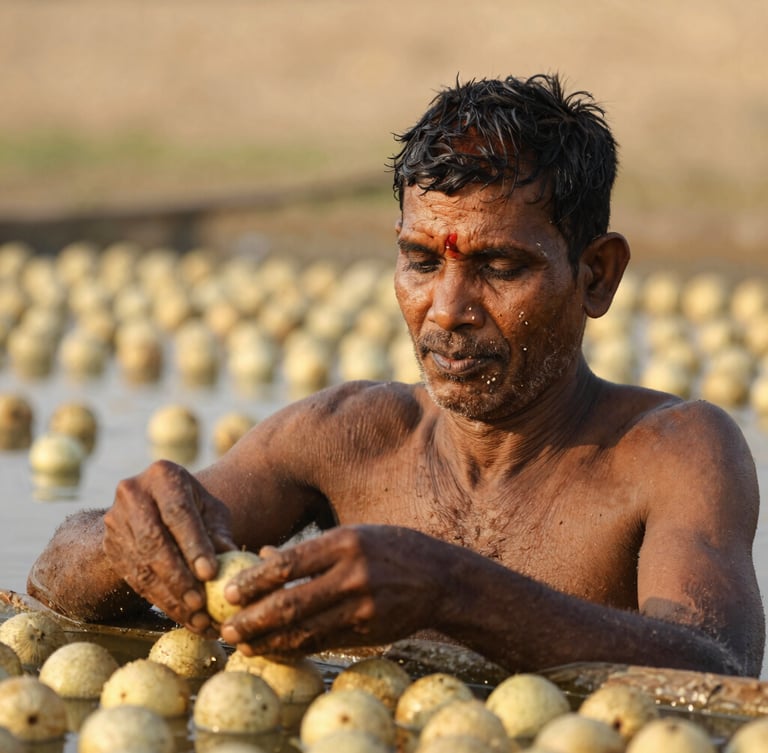Close-up portrait of a Bihari makhana farmer, weathered hands, serene expression, natural light, working in a shallow makhana pond, rich earthy tones.