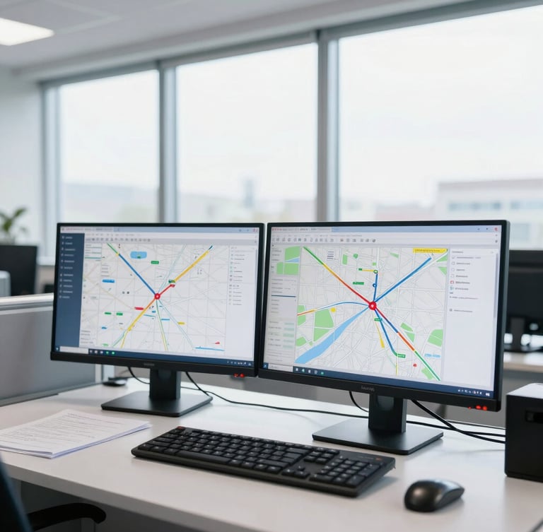 A clean, bright dispatch office environment with dual monitors displaying route maps, natural morning window light, highly professional and organized setup