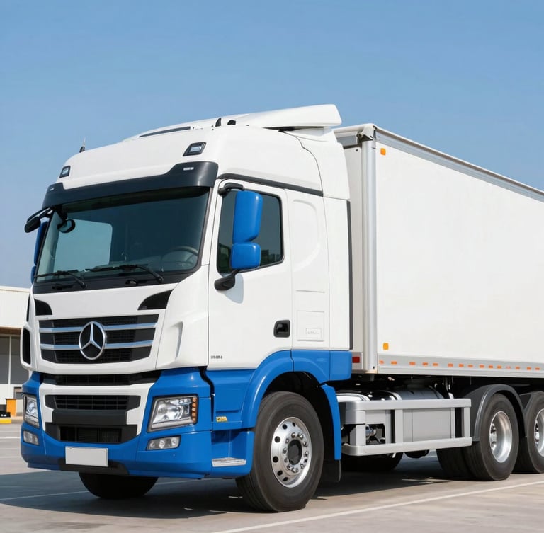 Bright commercial photography of a modern Class 8 truck profile parked in crisp morning daylight, clean white and blue exterior, high-end editorial style