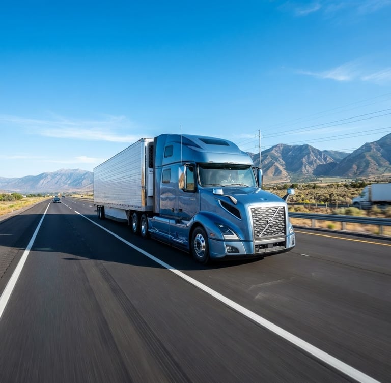Bright commercial photography of a modern Class 8 semi-truck on an open North American highway during crisp morning daylight, clean blue sky, wide-angle lens
