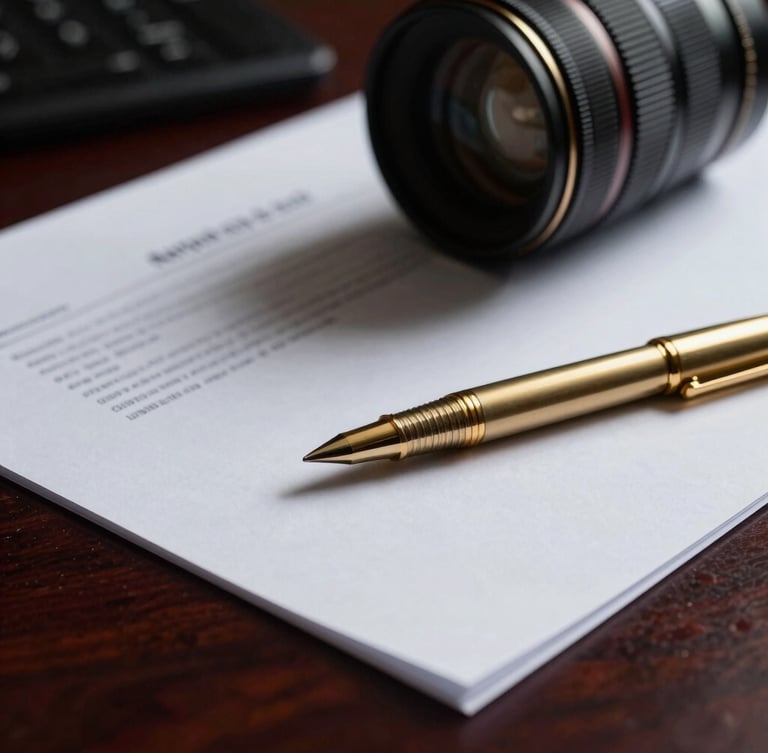 Macro shot of a forensic financial document on a dark mahogany desk, sharp gold pen resting on the page, dramatic low-key lighting, deep navy shadows, 35mm lens.