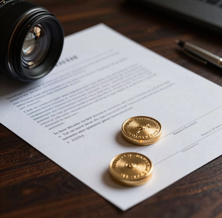 Macro close-up of forensic financial documents on a dark oak desk, sharp focus on legal seals, low-key dramatic lighting with gold highlights