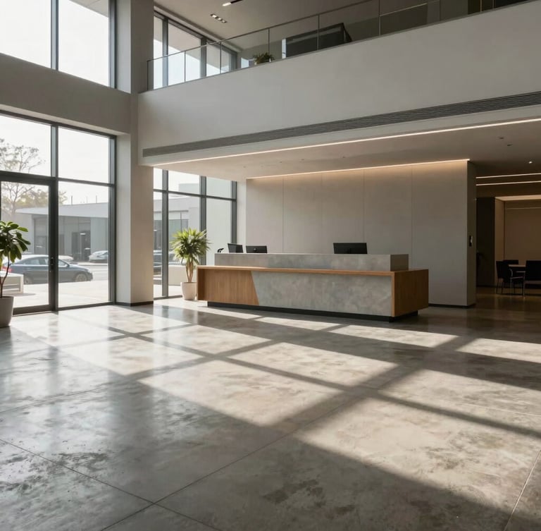 Wide-angle architectural shot of a sunlit modern office lobby, clean concrete floors reflecting soft window light, minimalistic reception desk in the background.