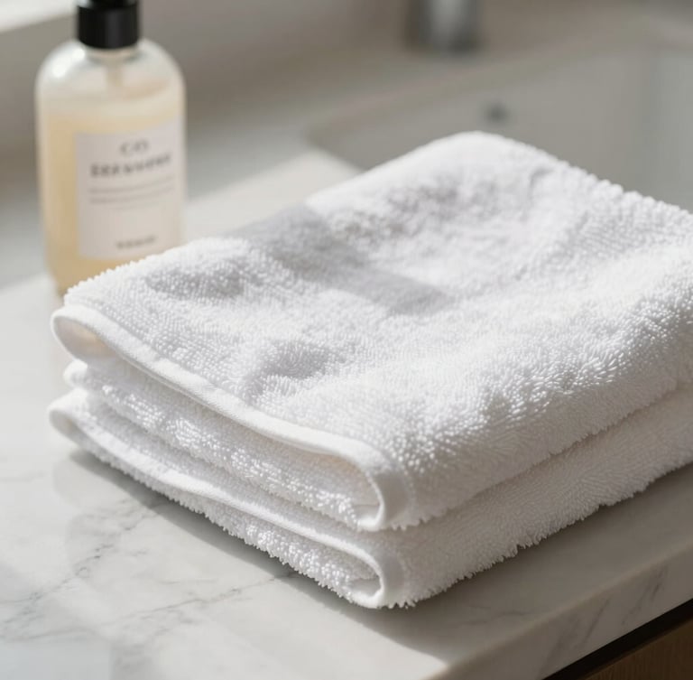 Shallow depth of field close-up of a neatly folded white linen towel next to a glass bottle of eco-friendly soap on a clean marble countertop, bright morning light