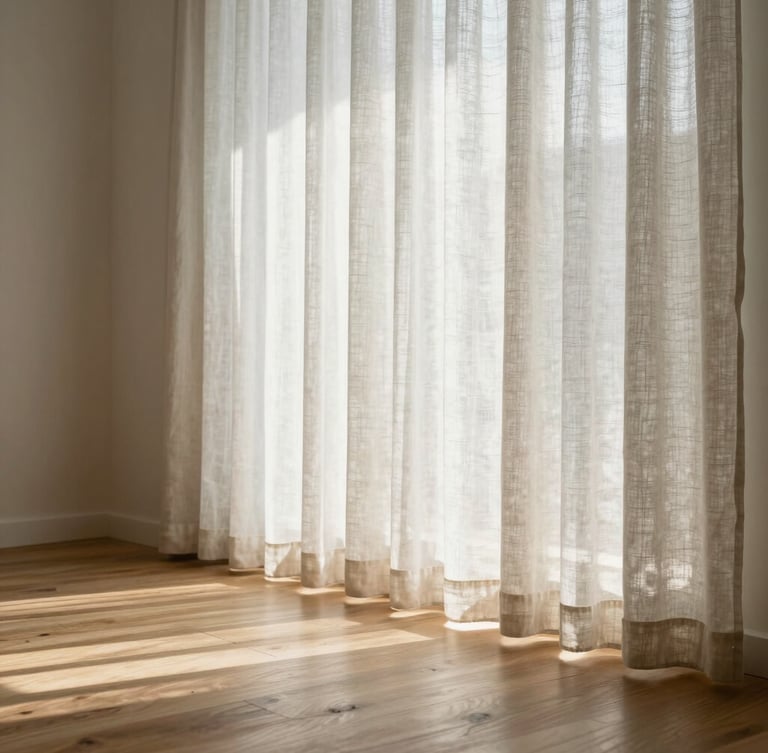 A sunlit, minimalist living room with clean lines, light wood floors, and soft linen curtains, captured in sharp focus with natural light.