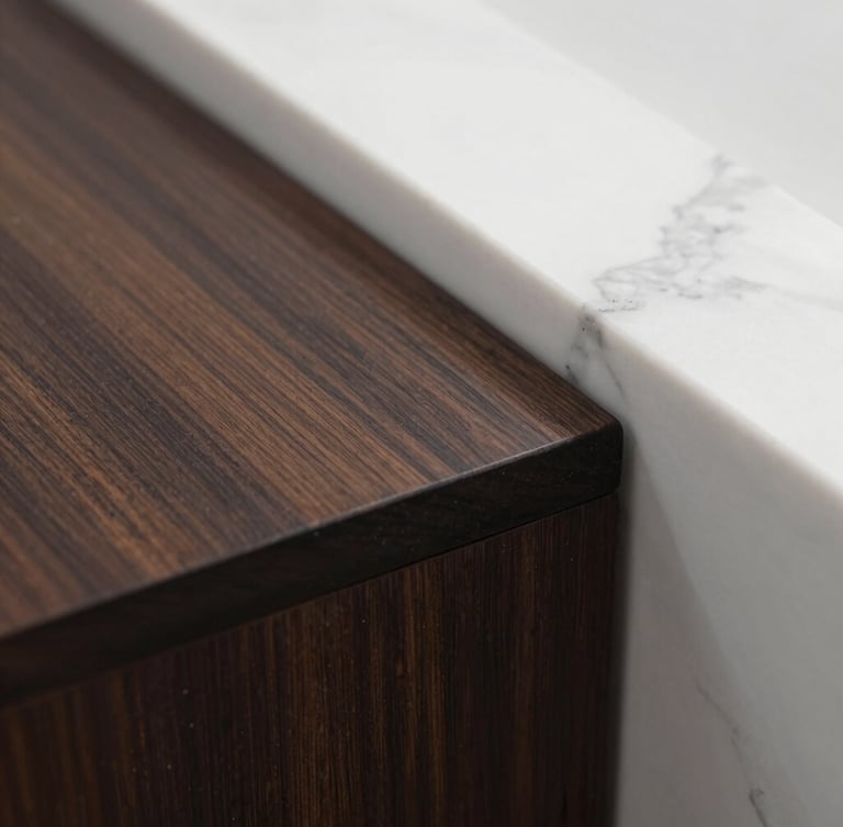 Macro close-up of a dust-free, gleaming dark wood surface meeting a clean white marble countertop, sharp natural light casting soft shadows.