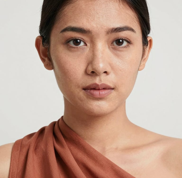 Close-up portrait of an Indonesian woman with clean natural skin texture, neutral diffused daylight, draped with a terracotta fabric swatch near her collarbone, sharp focus, 50mm lens