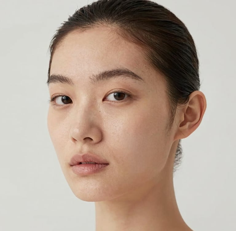 Close-up portrait of a face with natural skin texture, soft neutral daylight from the side, clean minimalist studio background, 50mm lens