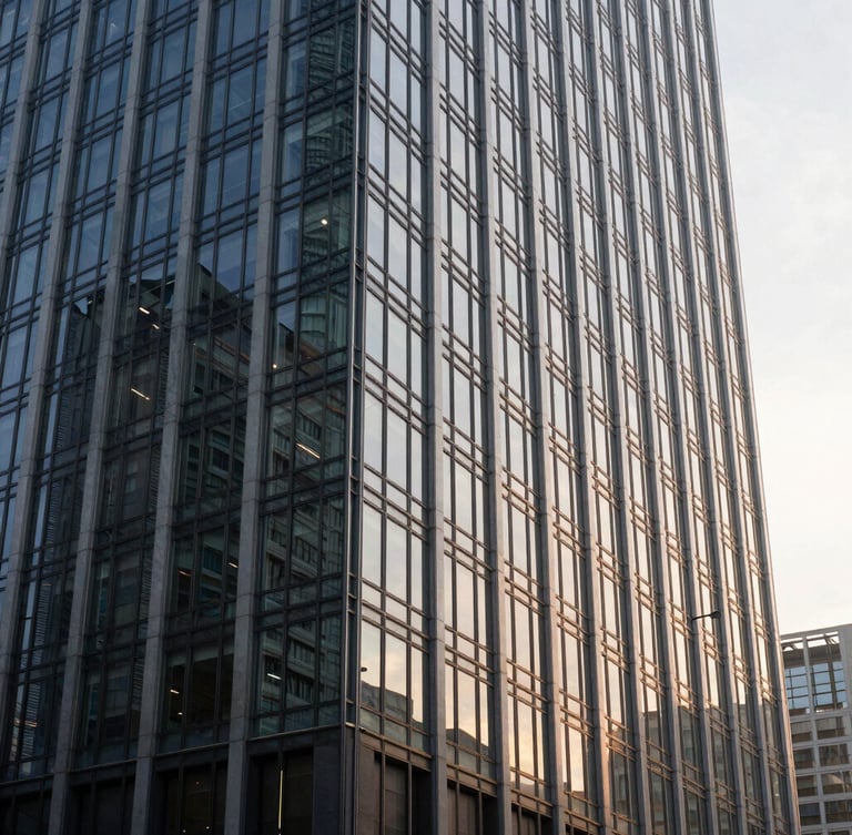 An architectural wide shot of a modern financial capital high-rise building reflected in glass, clean lines, soft natural lighting
