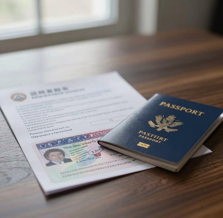 A close-up of an official visa document and passport on a dark oak desk, soft window light, shallow depth of field, 35mm