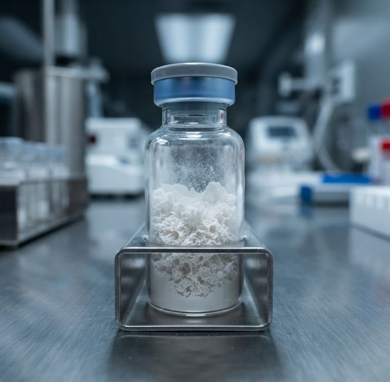 Clinical macro photography of a sterile lyophilized powder vial inside a cold-lit laboratory, sharp focus, 85mm lens