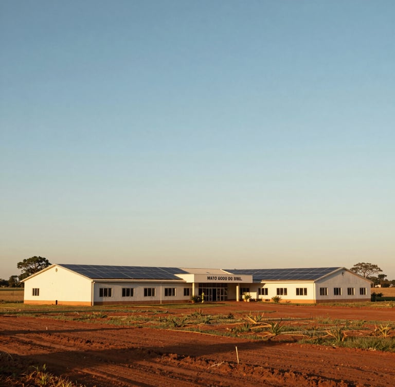 Wide environmental shot of a modern farm headquarters in Mato Grosso do Sul, solar panels on roof, sweeping golden hour horizon, 35mm