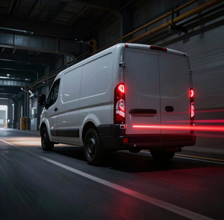 Low-angle wide shot of a sleek delivery vehicle speeding through a dark industrial corridor with dramatic crimson red taillight streaks and subtle motion blur.