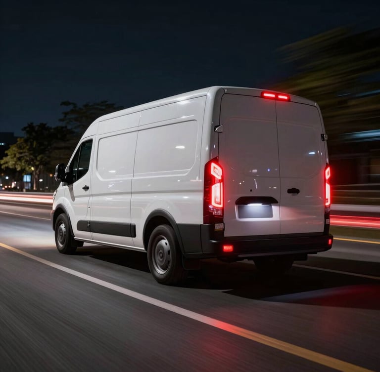 Sleek delivery vehicle in motion with speed blur, dramatic night lighting with red taillight streaks, low-angle wide shot.