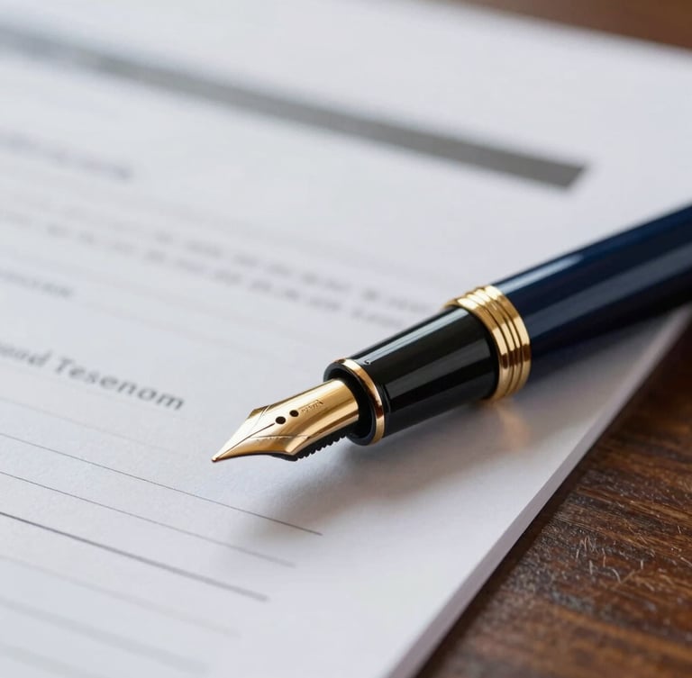 Close-up of a fountain pen resting on financial documents, soft natural light reflecting on dark polished wood, deep navy and gold tones, professional corporate photography, editorial 35mm