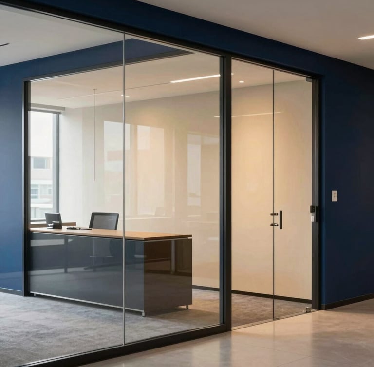Sober modern corporate office interior, a clean glass partition reflecting soft window light, deep navy blue accents, minimalist architecture, professional editorial photography