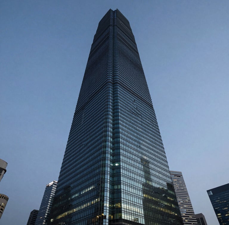 Wide-angle architectural crop of the Hong Kong International Finance Centre towering into a cool blue-hour sky, deep obsidian shadows and sharp jade reflections in the glass facade