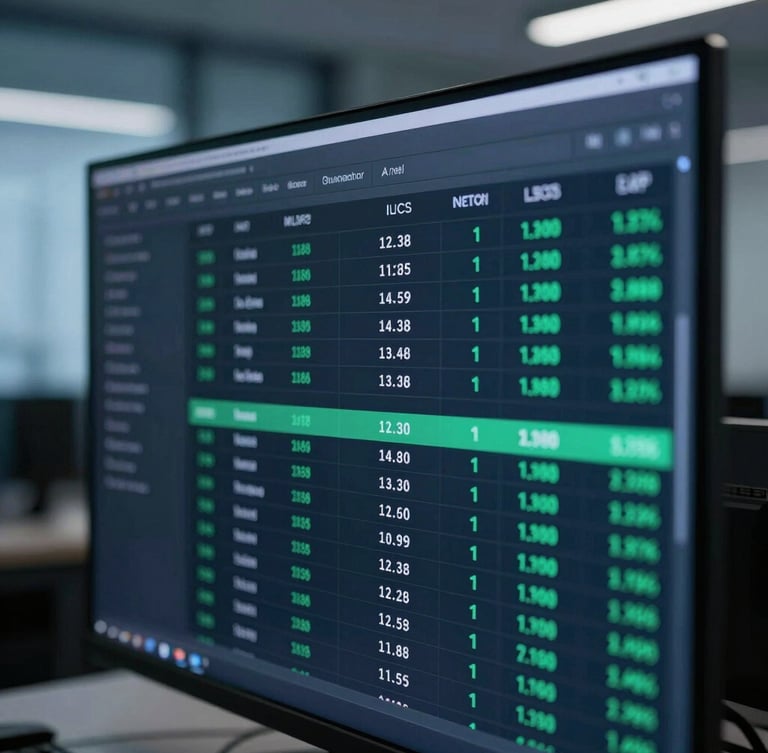 Macro-level crop of financial software interface showing real-time ledger data stream, cool blue-hour office light, deep obsidian and sharp jade tones