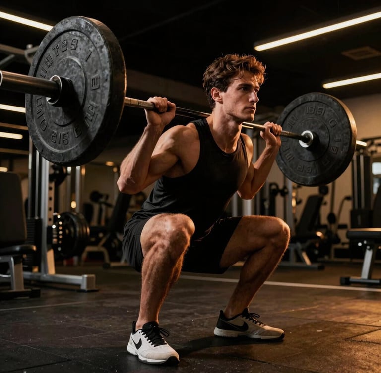 Dynamic low-angle action shot of a trainer adjusting a member's barbell squat form, dramatic high-contrast gym lighting, warm ambient glow