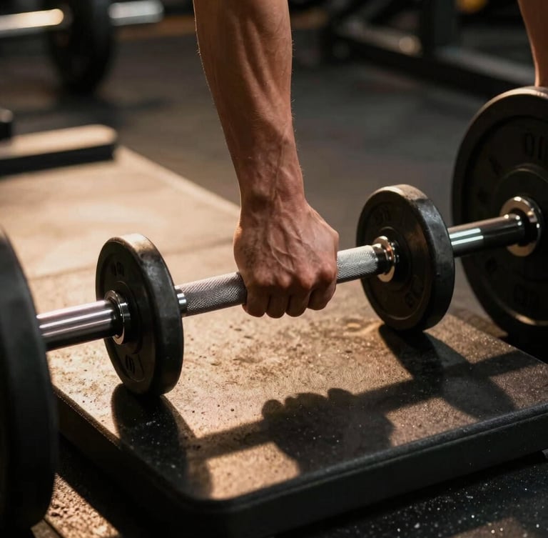 Dramatic low-angle shot of a hand gripping a knurled barbell on a platform, high-contrast gym lighting with warm amber highlights, sharp focus, 35mm lens