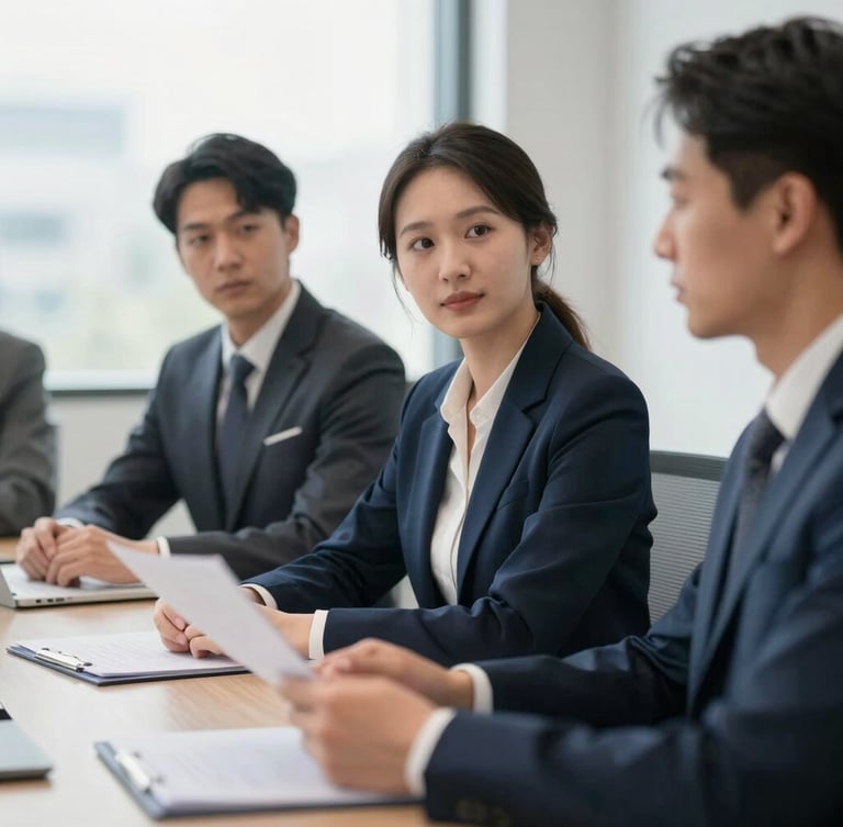 Focused corporate professionals collaborating in a modern boardroom under soft natural window light, shallow depth of field, professional editorial style