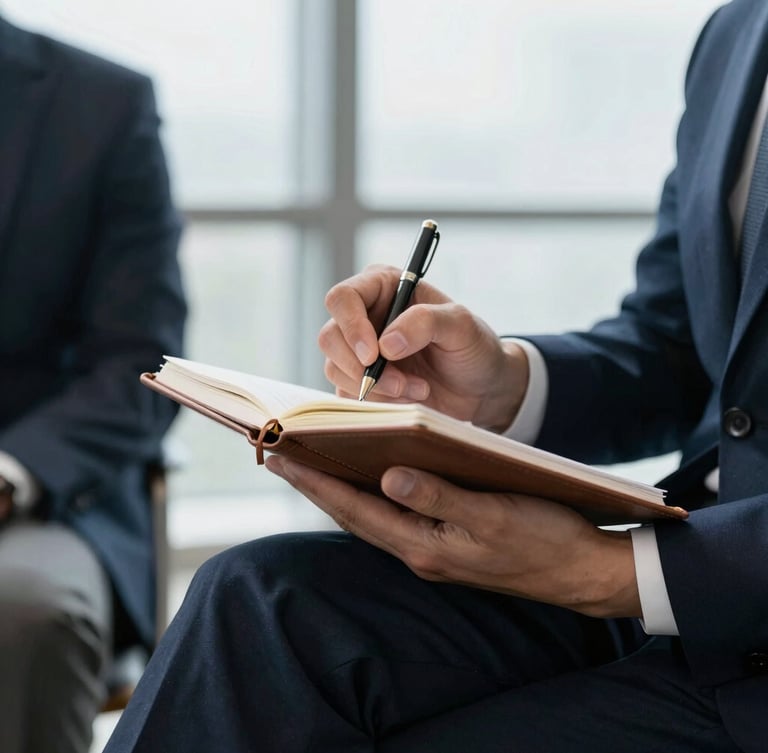Close-up of a professional taking structured notes in a leather notebook during a strategic corporate meeting, soft natural office light