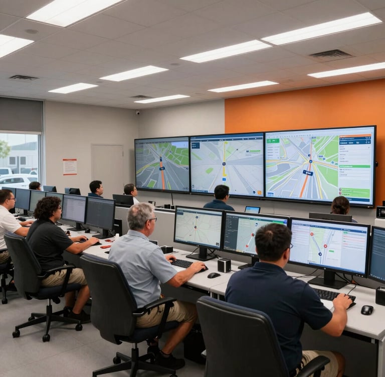 Interior shot of GBB, LLC's state-of-the-art dispatch center, with large monitors displaying GPS fleet tracking and technicians at workstations, industrial slate and orange tones, bright clean lighting, 35mm.