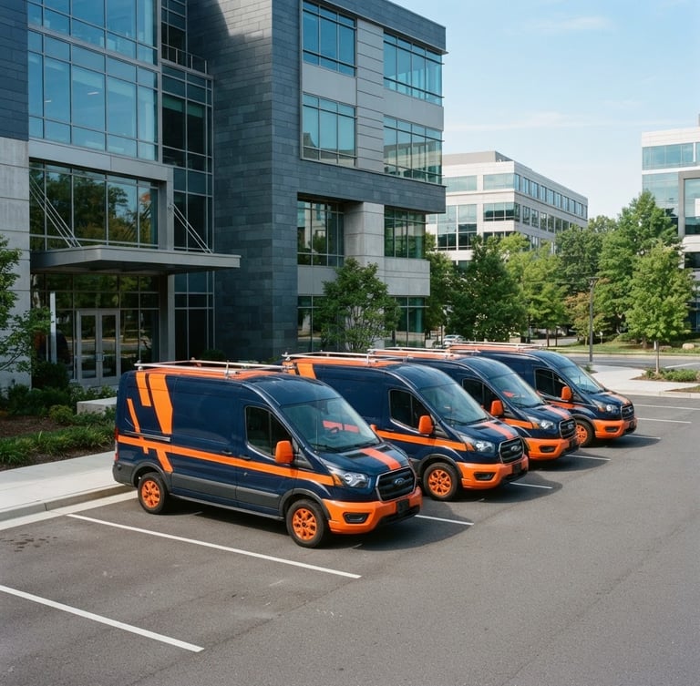 Branded GBB, LLC service vehicle, dark navy with safety-orange accents, parked in a neat formation in front of a modern commercial building in Bethesda, crisp daylight, architectural framing, 35mm, portrait aspect.