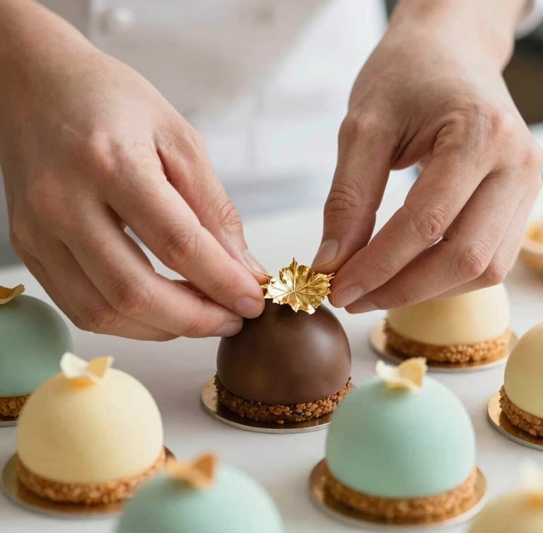 Hands of a pastry chef carefully placing a delicate gold leaf on a chocolate dessert, warm natural light, shallow depth of field, 35mm